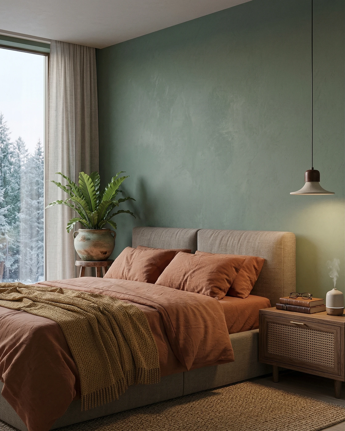 Travertine pendant light SOVA No.03 lit beside a bed with rust bedding against a sage green wall