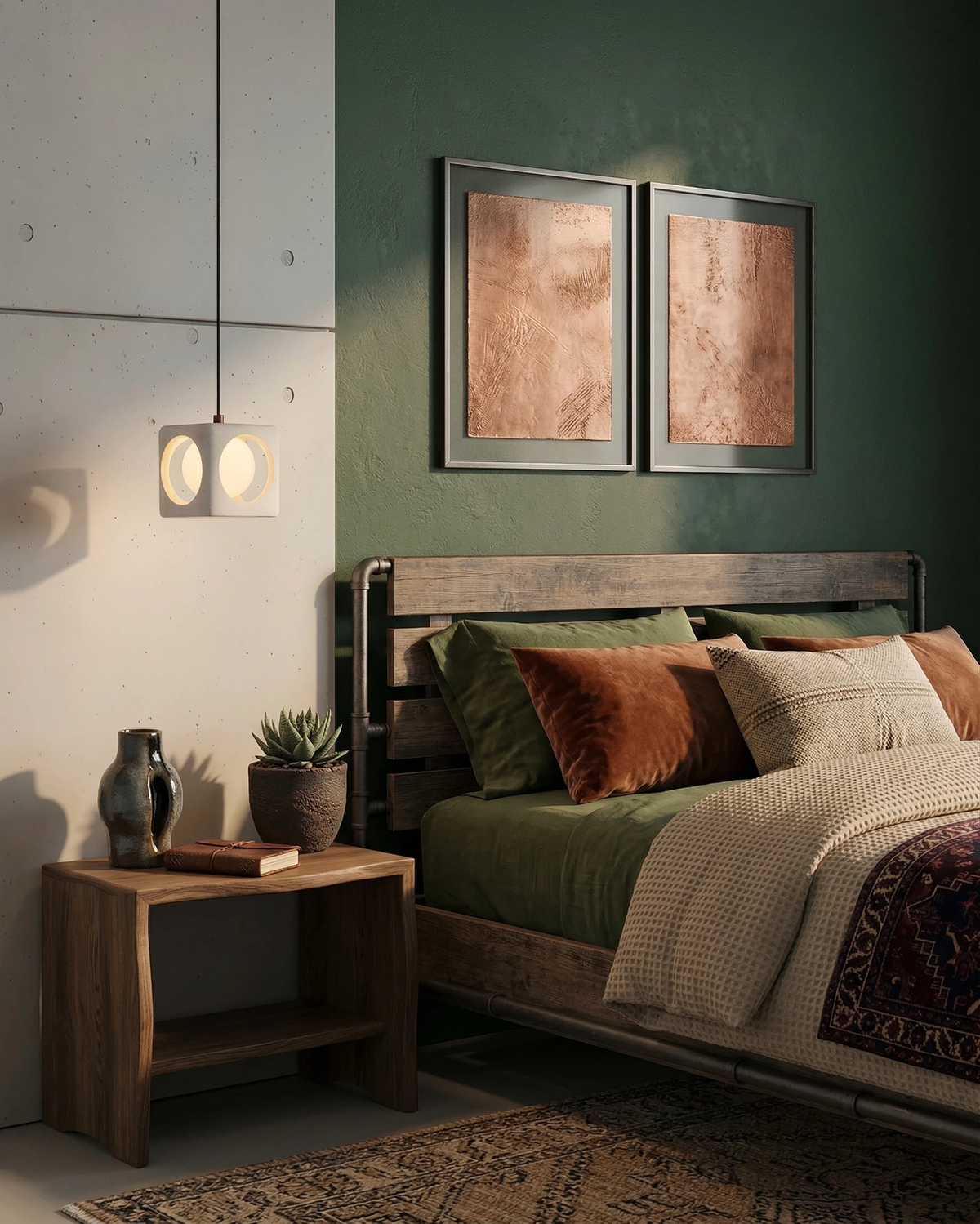 Travertine pendant light CUBA No.02 open cube lit beside a bed in a green bedroom with copper artwork