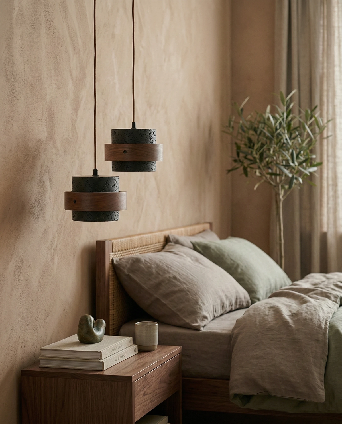 Travertine pendant light AVORIO No.05, two volcano black drums hanging above a nightstand next to a bed