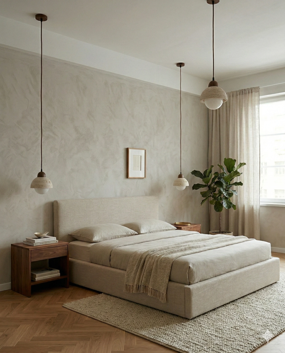 Three travertine pendant lights AVORIO No.04 lit beside a bed with a beige headboard in a bright bedroom