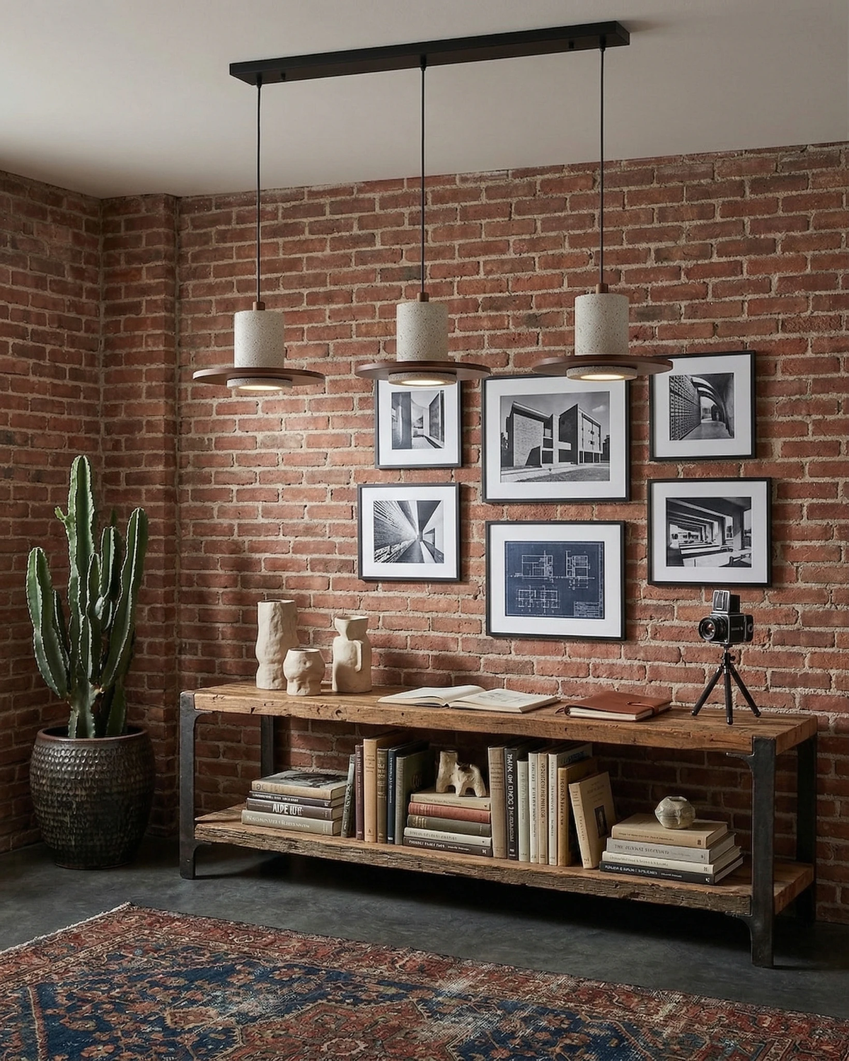 Travertine pendant light TONDO No.04, linear trio of drums lit above a console of books against an exposed brick wall