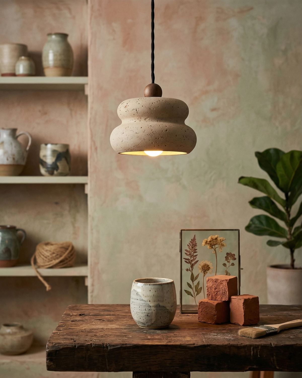 Travertine pendant light SOVA No.05 with a walnut bead lit over a rustic workbench with pottery and shelves