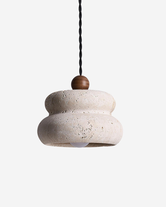 Travertine pendant light SOVA No.05 Solo in Cream Travertine, pebble-shaped stone shade with a walnut bead, unlit