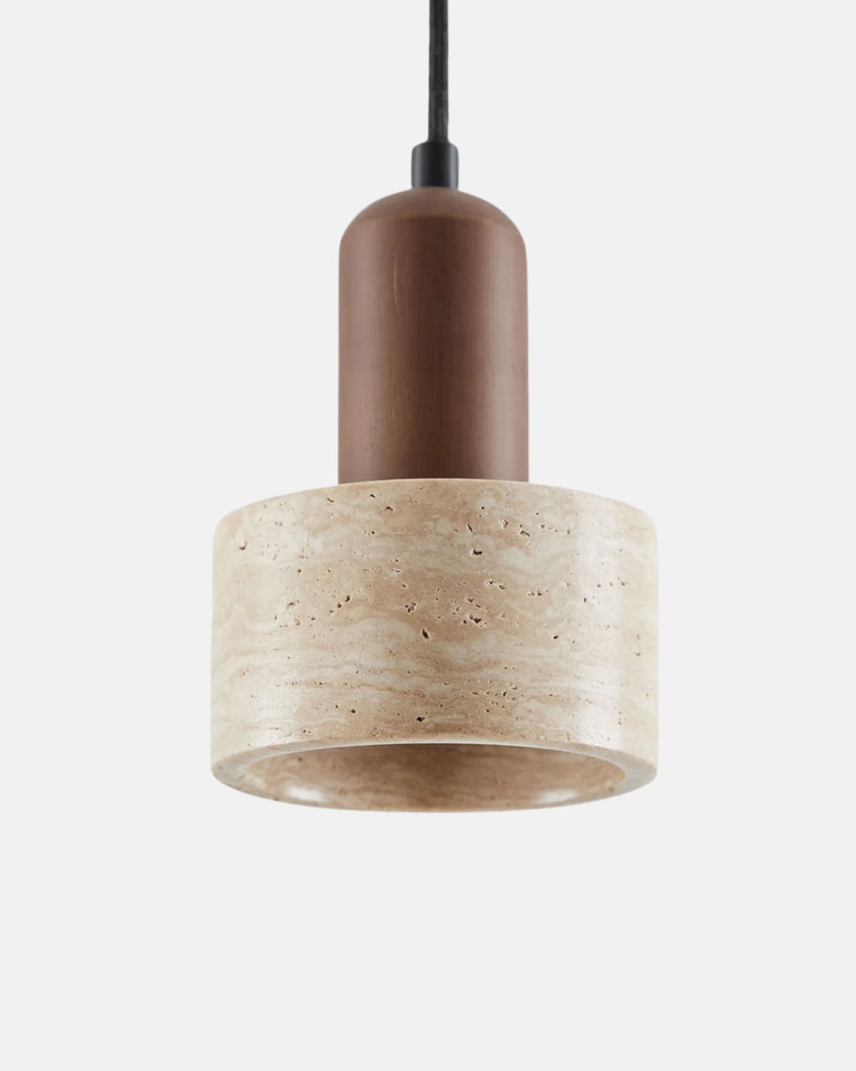 Travertine pendant light TONDO No.05 seen up close, veined travertine drum with a tall walnut collar, unlit