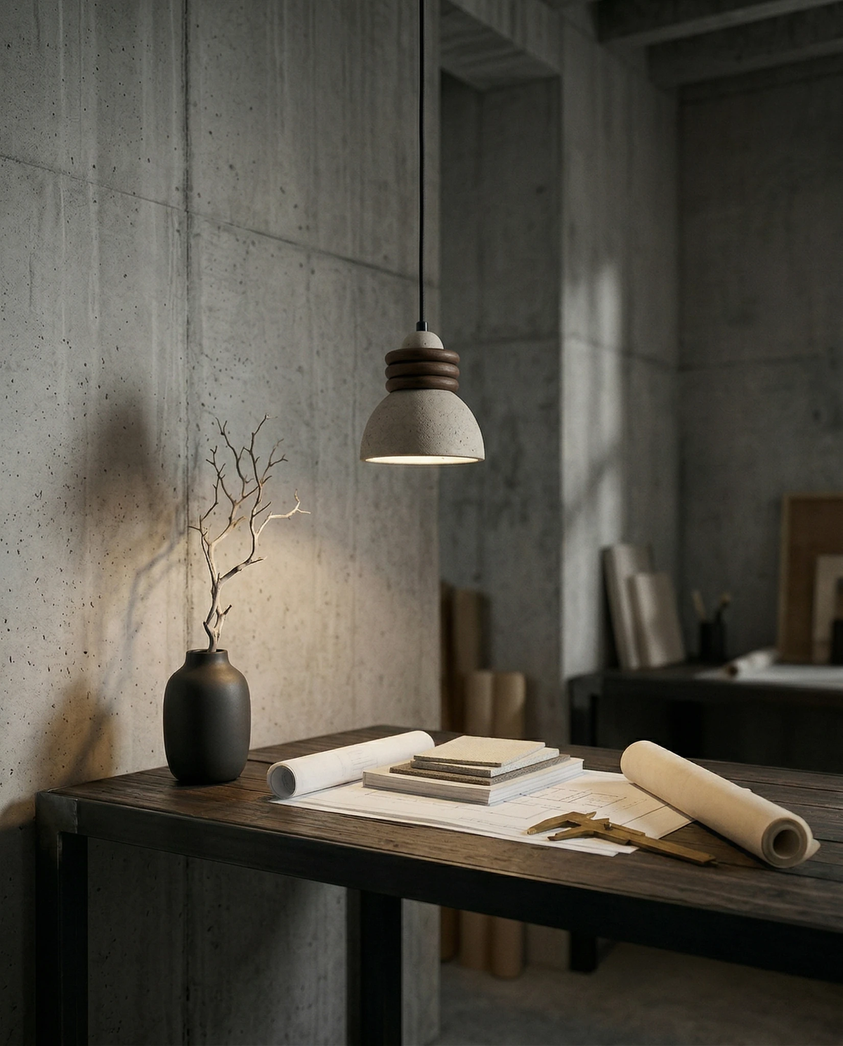 Travertine pendant light DOMUS No.03 with walnut rings, lit over a dark wood work table with papers and a vase
