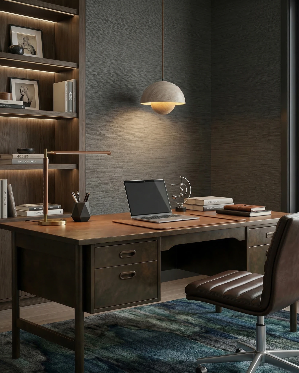 Travertine pendant light SOLE No.01 lit above a dark wood desk with a laptop in a moody home office