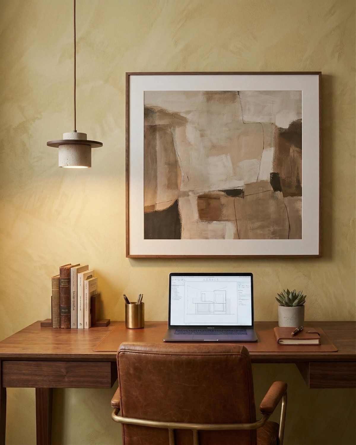 Travertine pendant light TONDO No.03 lit above a wooden desk with a laptop and leather chair beside artwork