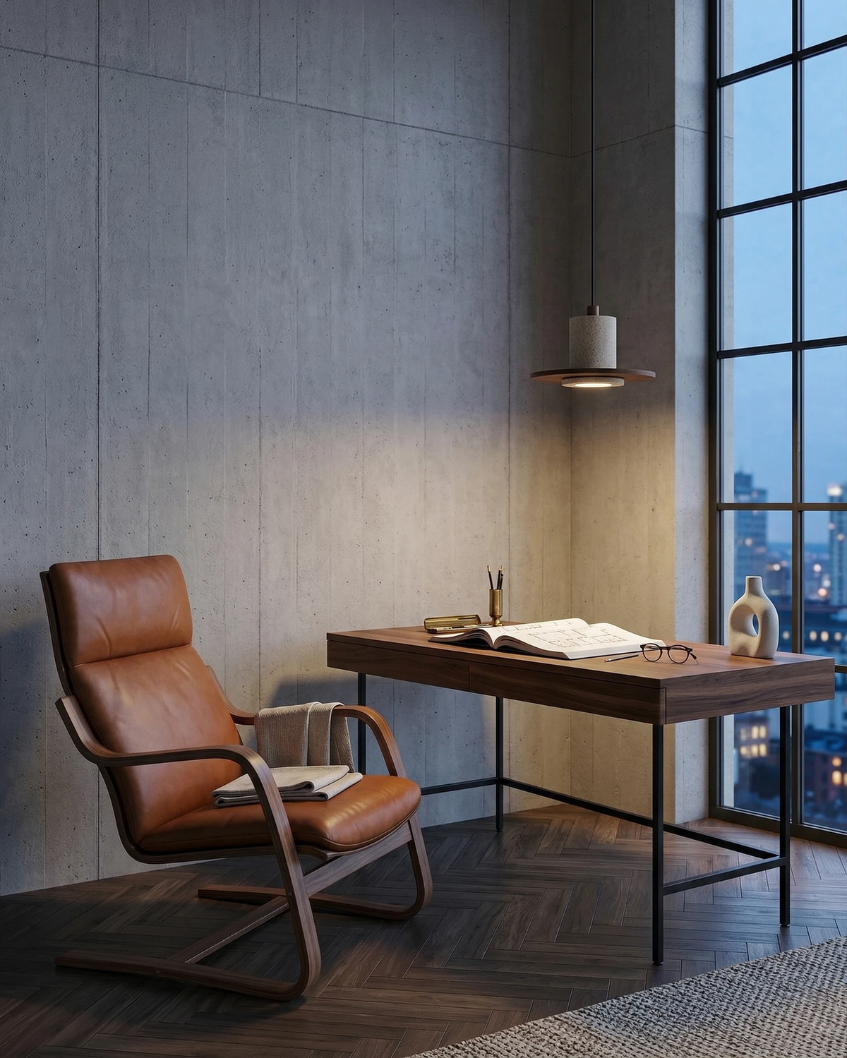 Travertine pendant light TONDO No.04 hanging lit over a walnut desk and leather chair by a floor-to-ceiling window