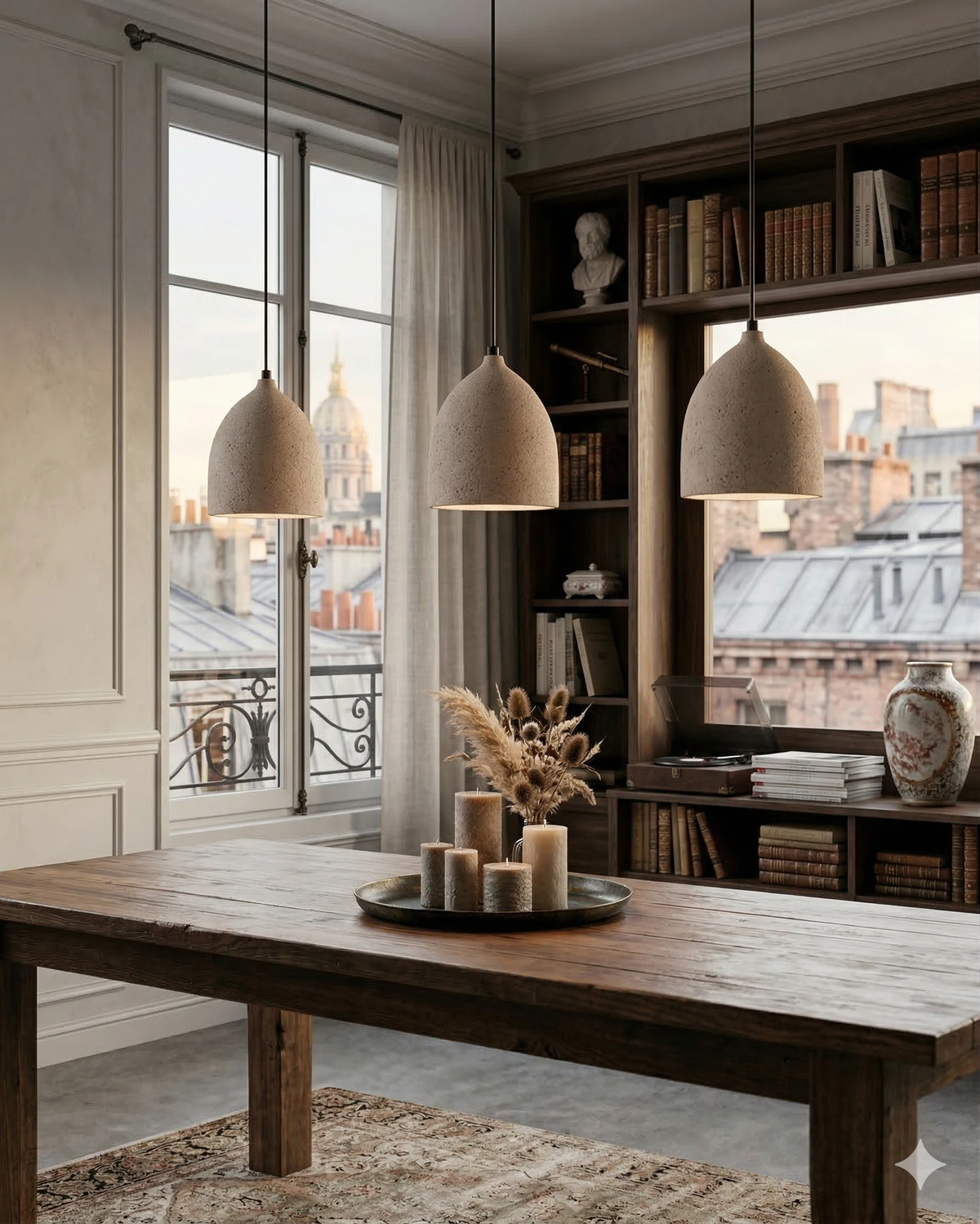 Travertine pendant light BOCCA No.01, three bells lit in a row over a rustic wood table by tall windows with a city view