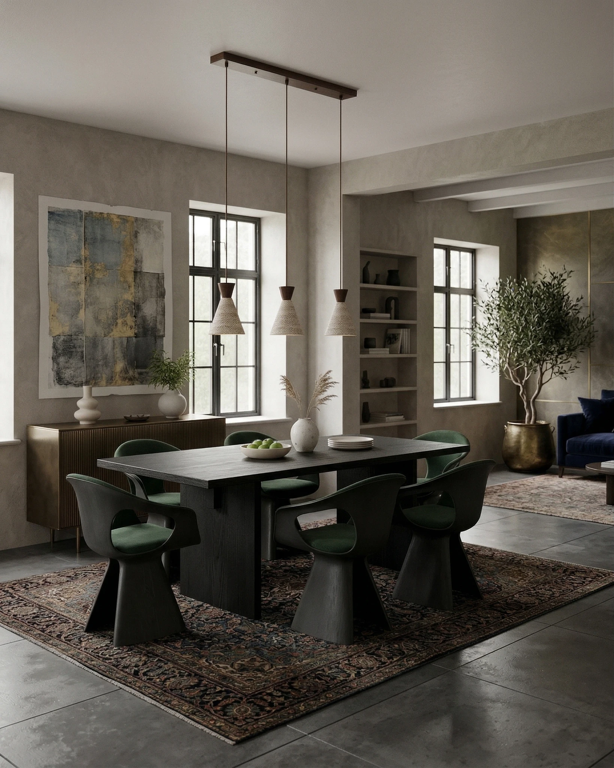Travertine pendant light CONA No.02, three cones on a linear bar above a black dining table in a loft dining room