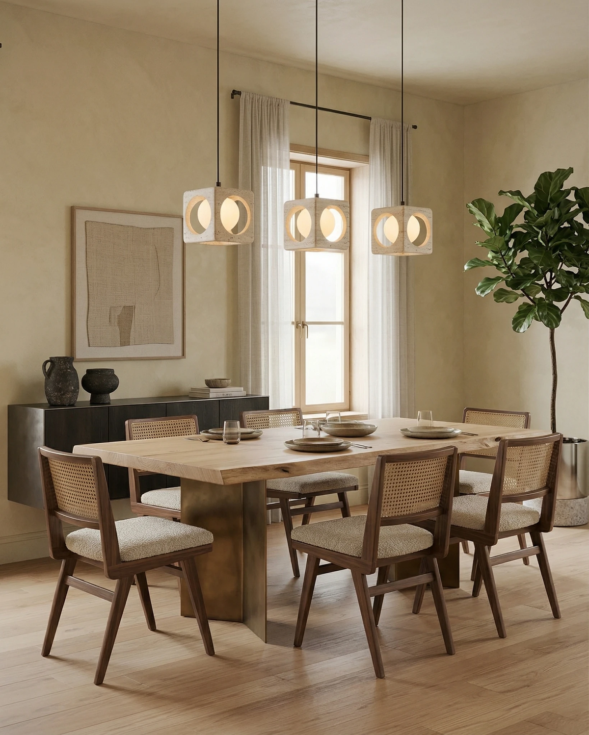 Three travertine pendant lights CUBA No.02 hanging lit above a wooden dining table with upholstered chairs