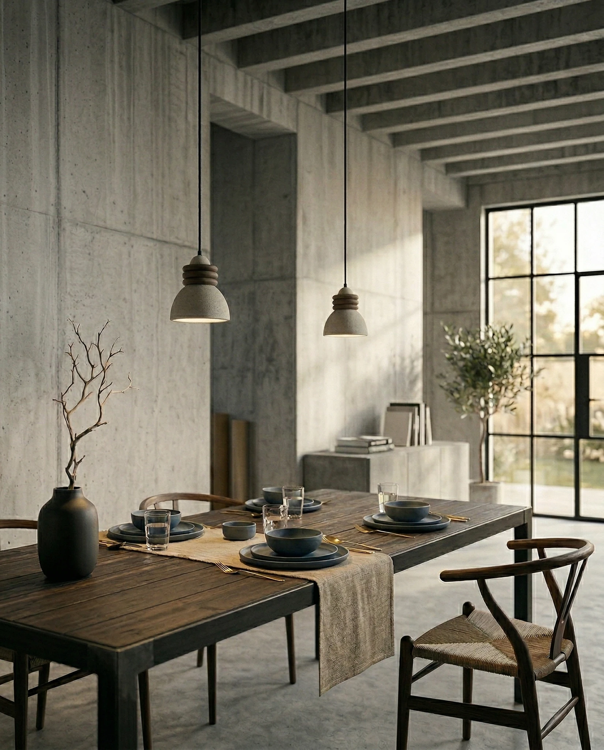Two travertine pendant lights DOMUS No.03 over a wooden dining table with wishbone chairs and concrete walls