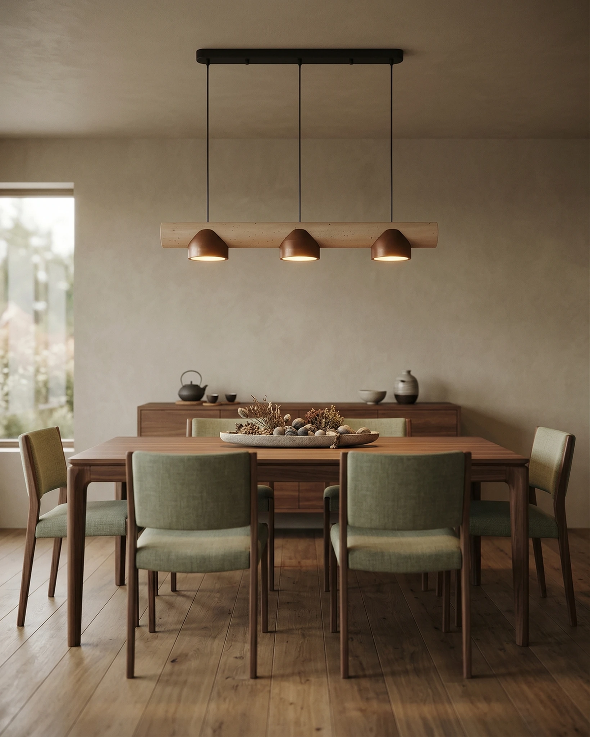 Travertine pendant light PIETRA No.06 switched on over a long dining table with sage green chairs and a window