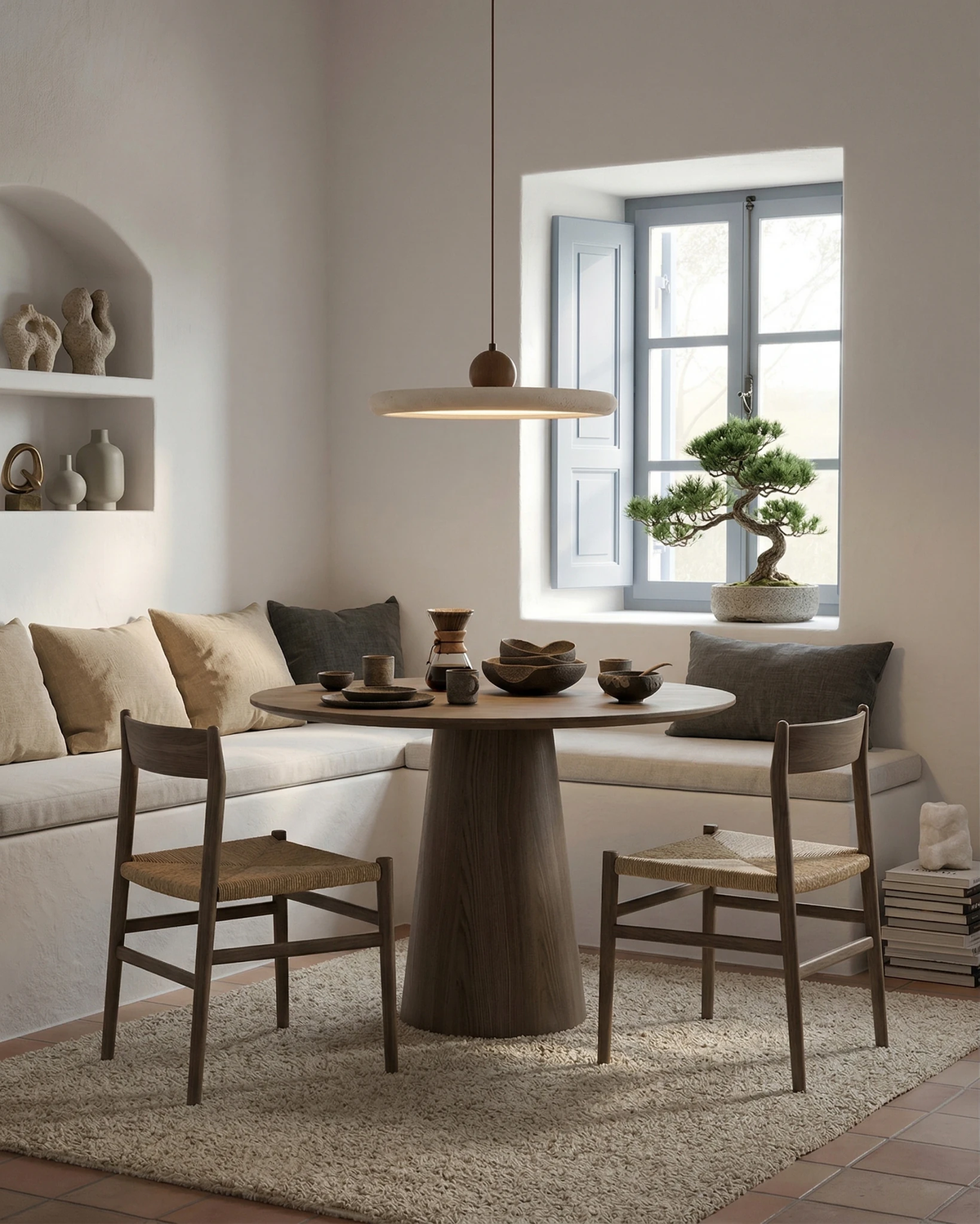 Travertine pendant light TONDO No.02 lit over a round dining table with wooden chairs and a bench by a window