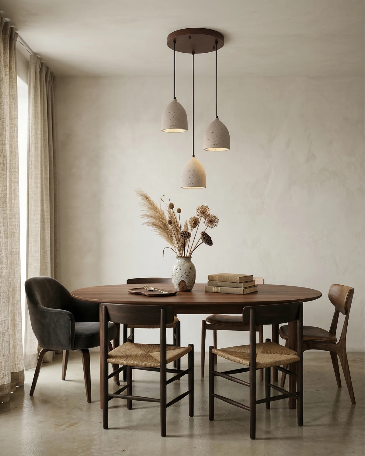 Travertine pendant light BOCCA No.01, three lit bells on a round canopy above a walnut dining table with chairs