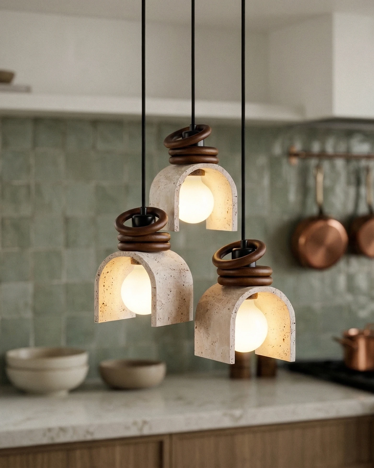 Travertine pendant light ARCA No.02, three units lit over a kitchen counter with green tile and hanging copper pans