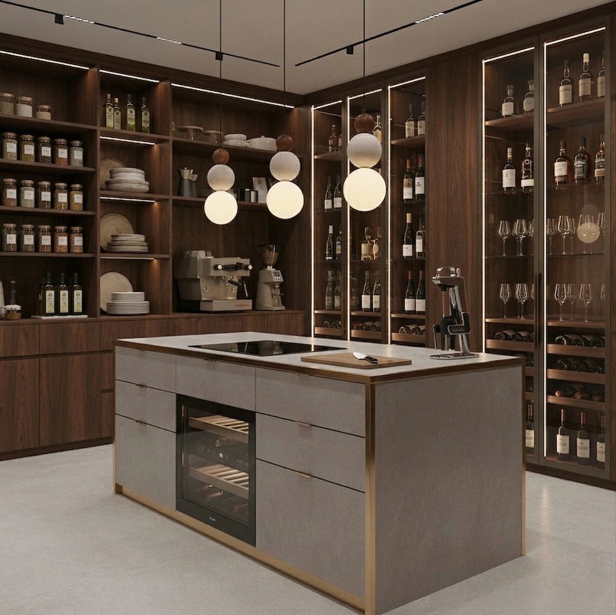 Cluster of travertine pendant lights DOMUS No.04 switched on above a kitchen island in front of wood shelving