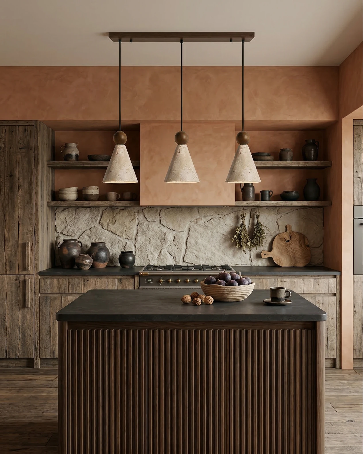 Three travertine pendant lights PIRA No.01 cone pendants over a fluted wood kitchen island with terracotta walls