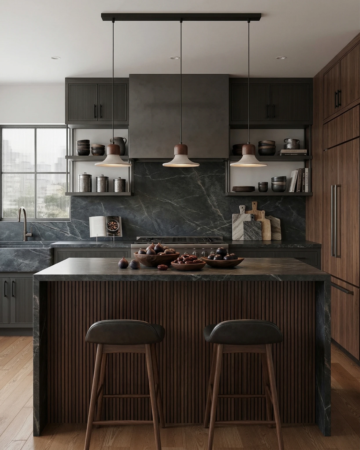Three travertine pendant lights SOVA No.03 on a linear bar over a dark stone kitchen island with stools