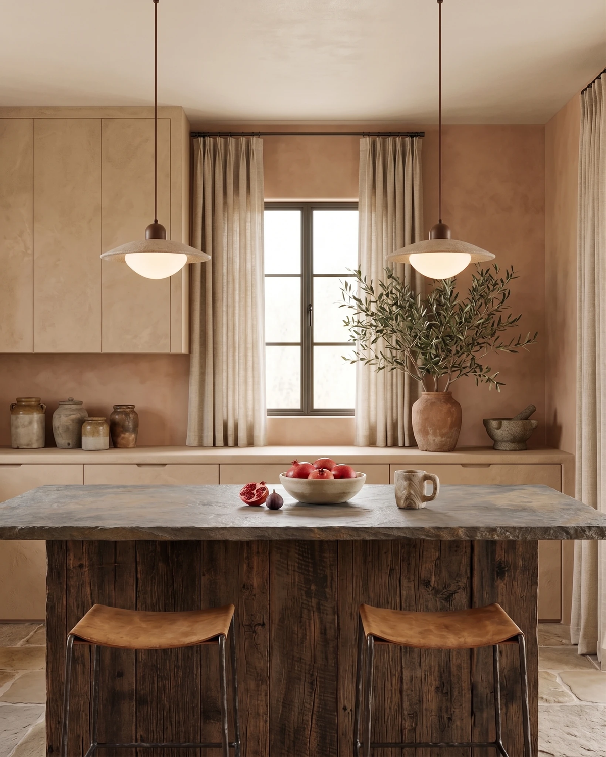Travertine pendant light TONDO No.01, two saucer shades lit above a rustic wood kitchen island with stools