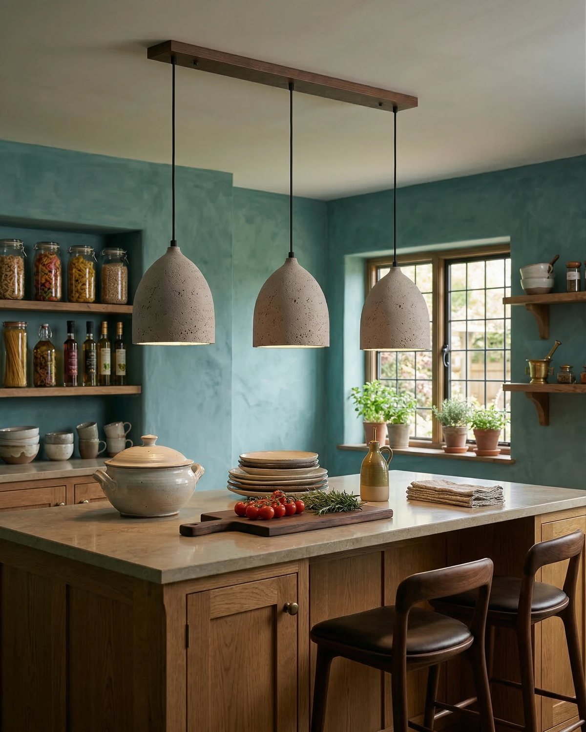 Travertine pendant light BOCCA No.01 triple linear bar lit over a wooden kitchen island with teal plaster walls