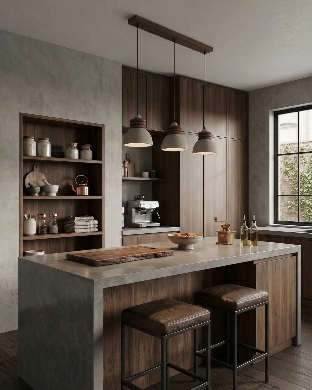 Triple linear travertine pendant light DOMUS No.03 hanging over a stone kitchen island with leather stools