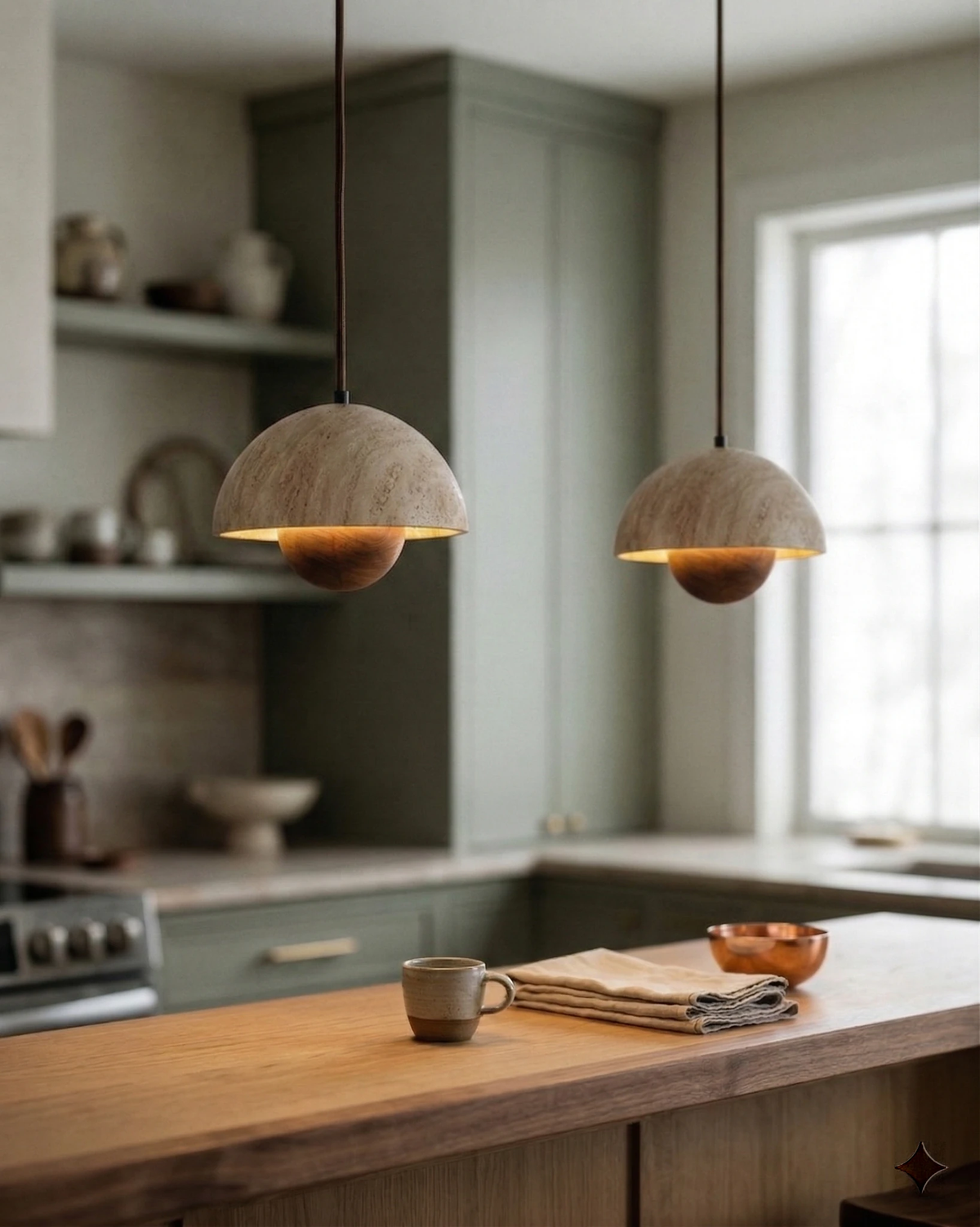 Two travertine pendant lights SOLE No.01 with walnut spheres lit over a wooden kitchen island in a green kitchen