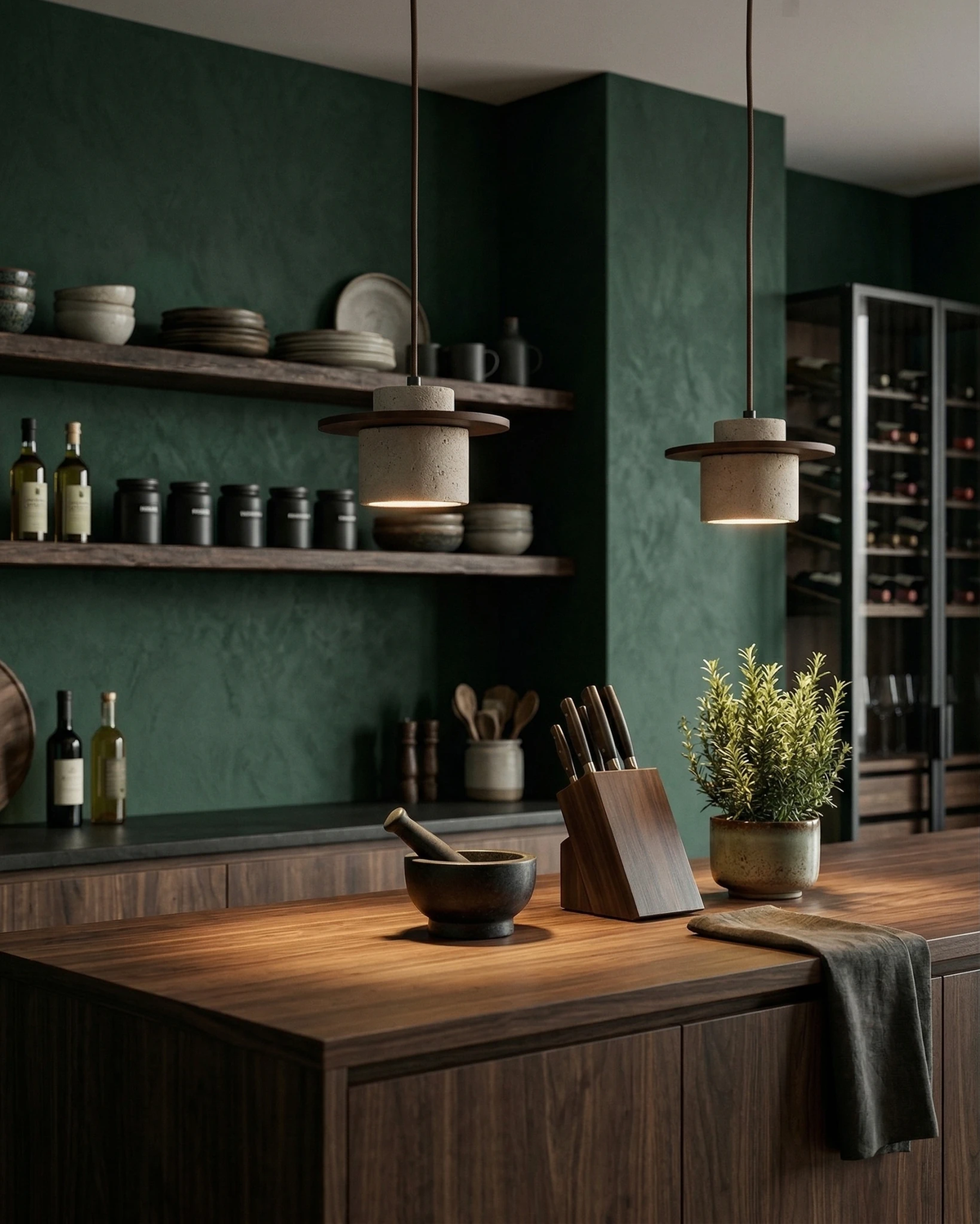 Travertine pendant light TONDO No.03 switched on above a wooden counter in a green kitchen with open shelves