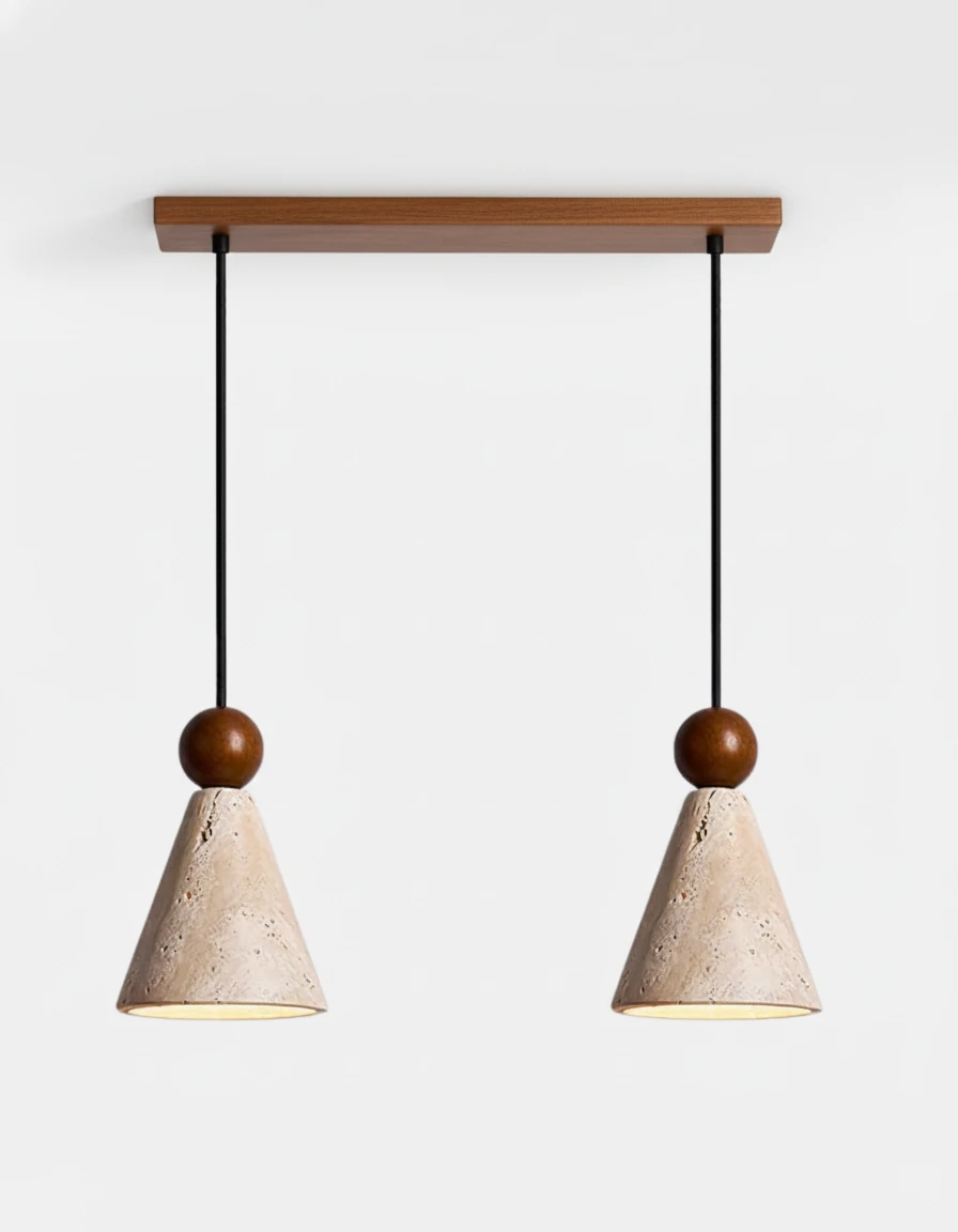 Linear two-head travertine pendant light PIRA No.01, two cones on a walnut bar canopy, unlit