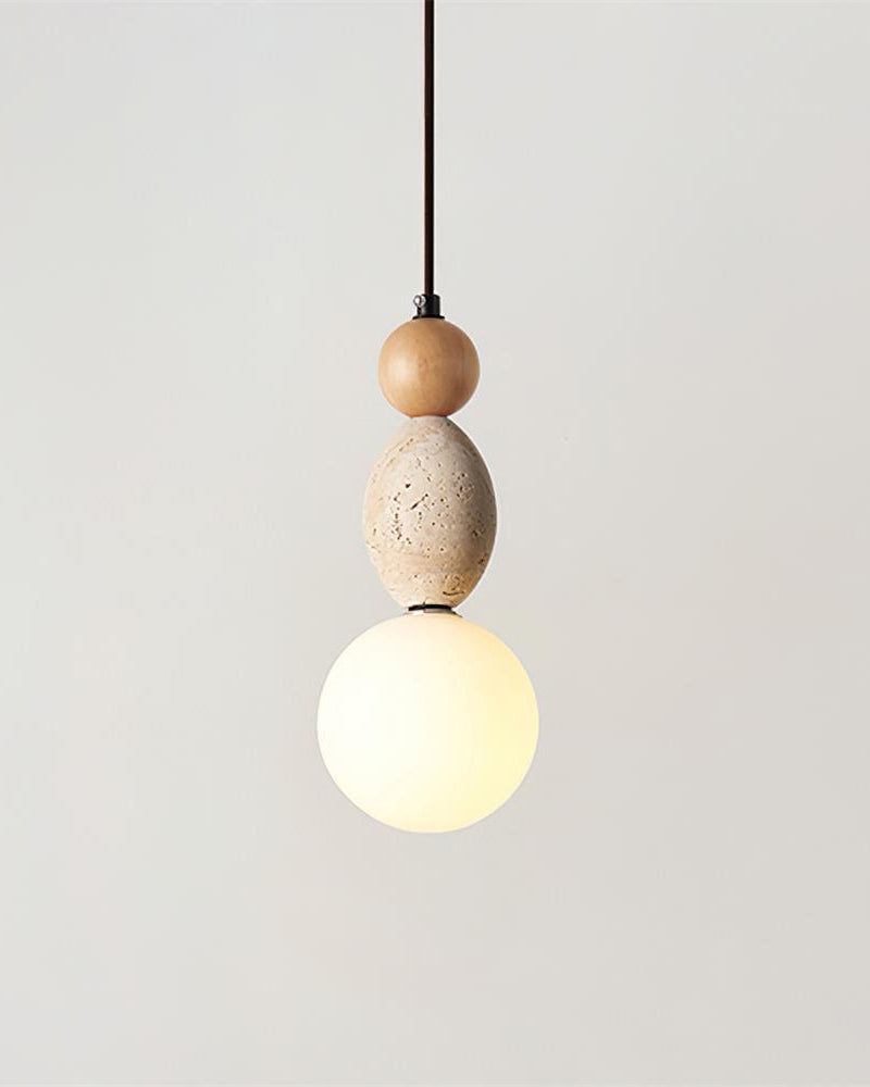 Travertine pendant light DOMUS No.04 cylindrical silhouette in natural ash with the opal globe switched on