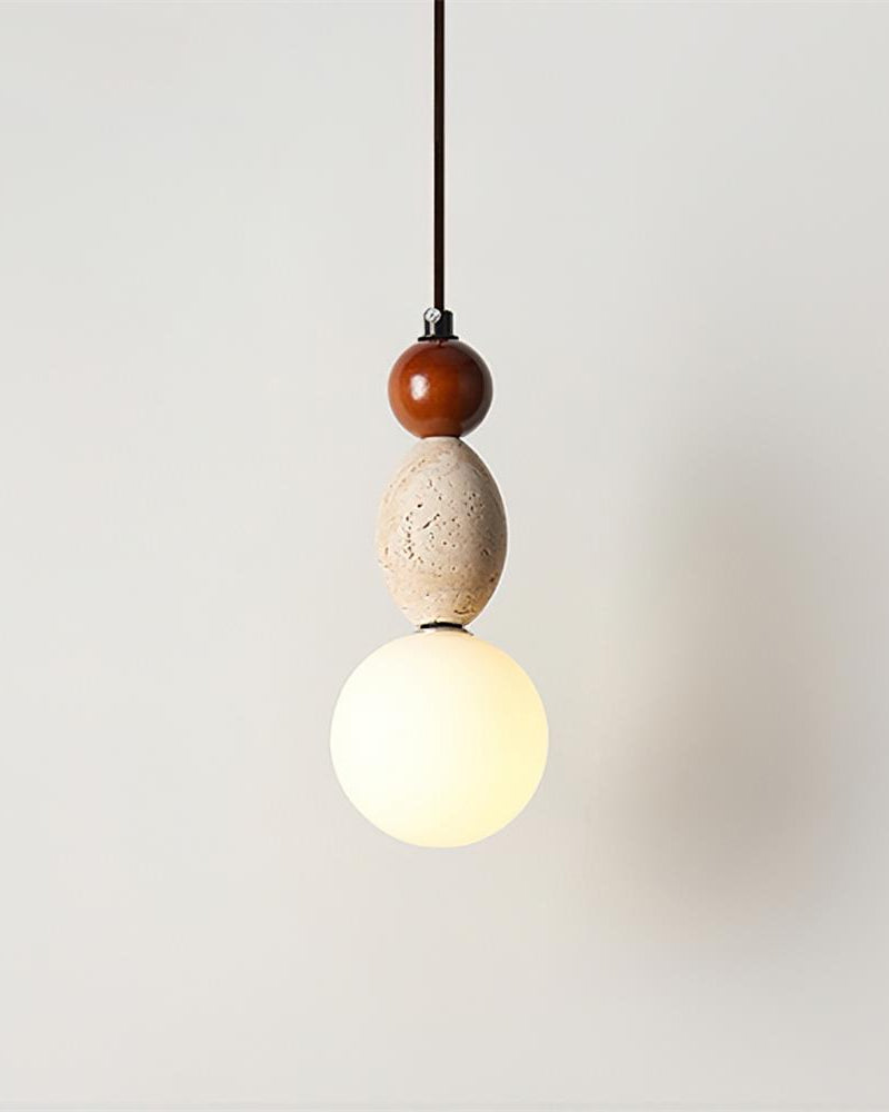 Travertine pendant light DOMUS No.04 cylindrical silhouette in walnut, stacked cylinders above a glowing opal globe