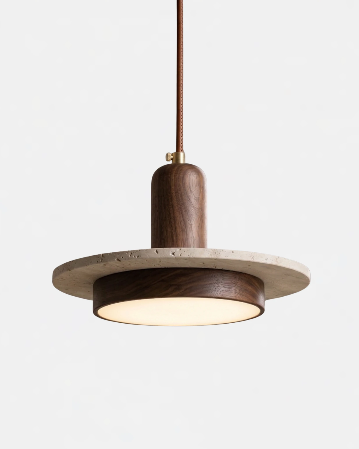 Travertine pendant light SOVA No.02 in Dark Walnut, single travertine disc with a walnut top and a lit LED ring