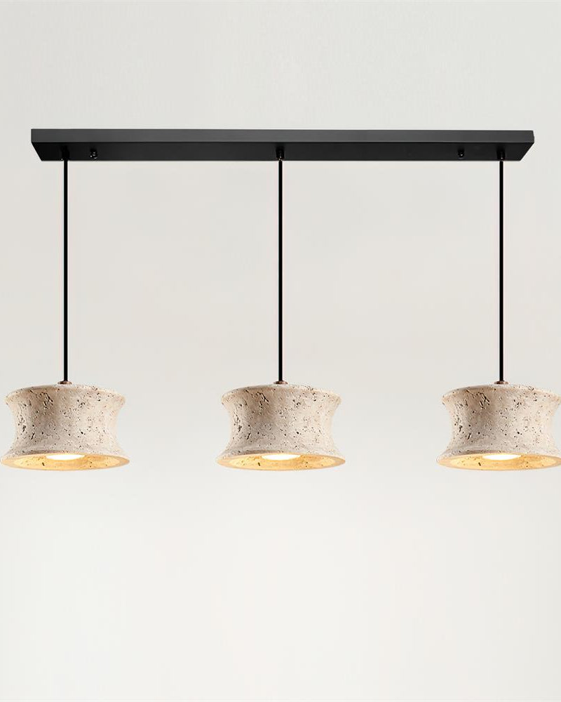 Travertine pendant light CONA No.04 in the Linear Three configuration, three flared shades lit under a black bar