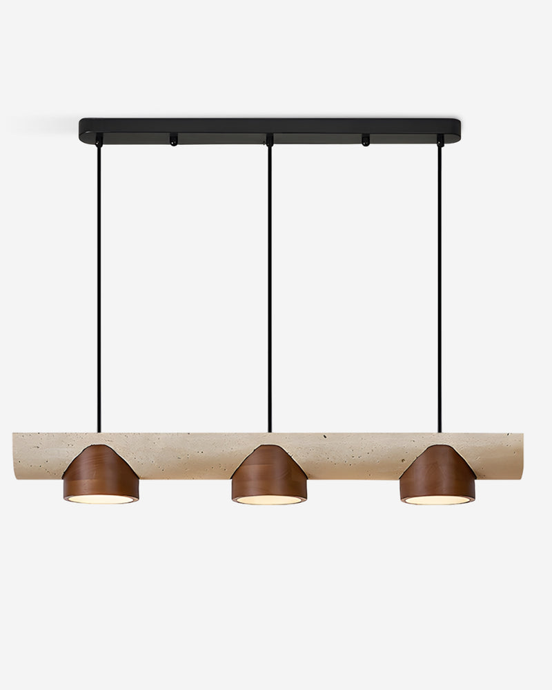 Travertine pendant light PIETRA No.06, cream travertine bar with three lit walnut cone shades under a black canopy