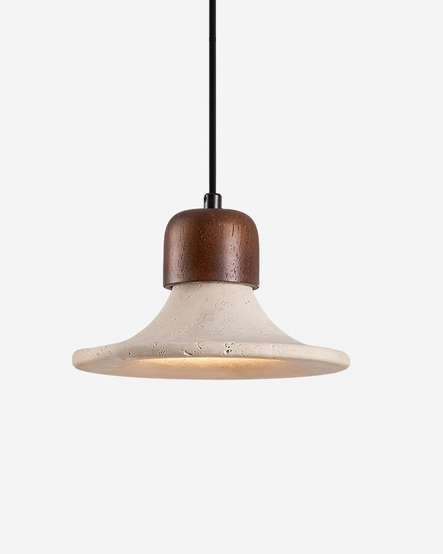 Travertine pendant light SOVA No.03 single, flared travertine shade under a walnut cap, softly lit on white