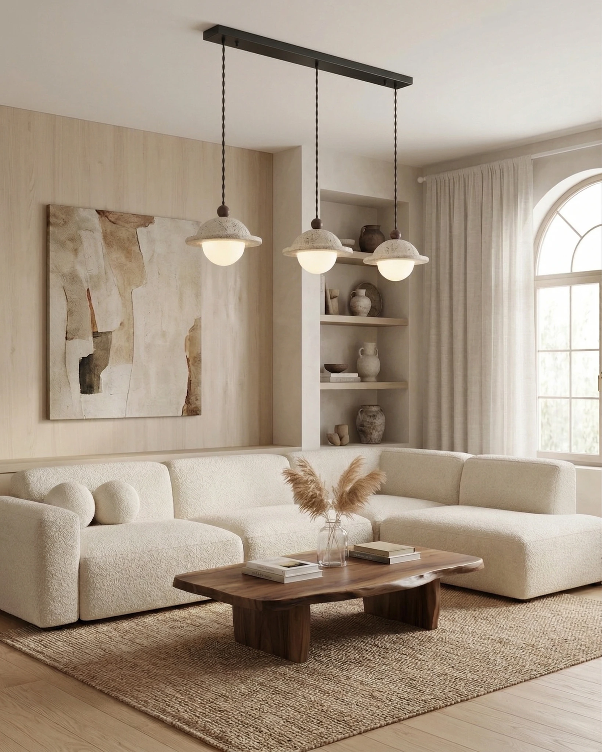 Travertine pendant light SOVA No.01, three units on a linear bar above a cream sectional sofa and a walnut coffee table