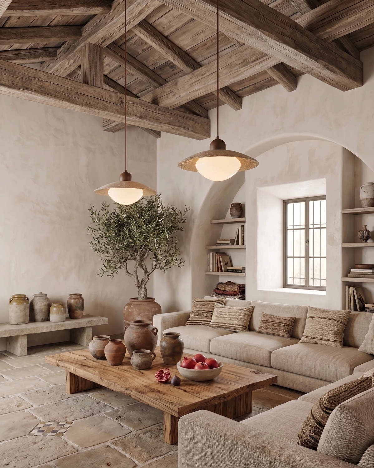 Travertine pendant light TONDO No.01, two units lit in a rustic beamed living room with a sofa and wooden table