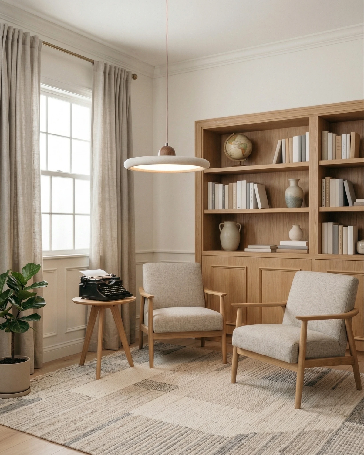 Travertine pendant light TONDO No.02 lit in a living room with built-in bookshelves, two armchairs and a rug