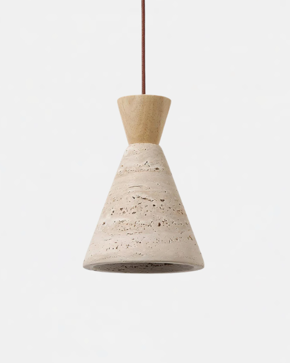 Travertine pendant light CONA No.02 Single in Natural Wood, pale wood cap over a speckled cream travertine cone shade