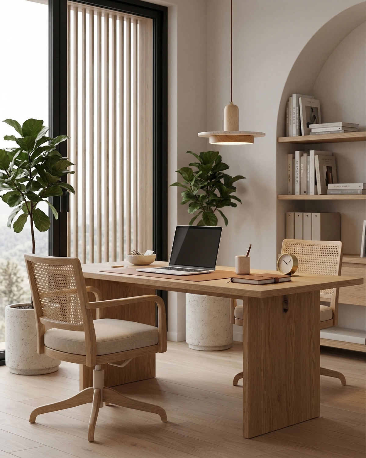 Travertine pendant light SOVA No.02 in light oak lit above an oak desk with a laptop and a rattan chair