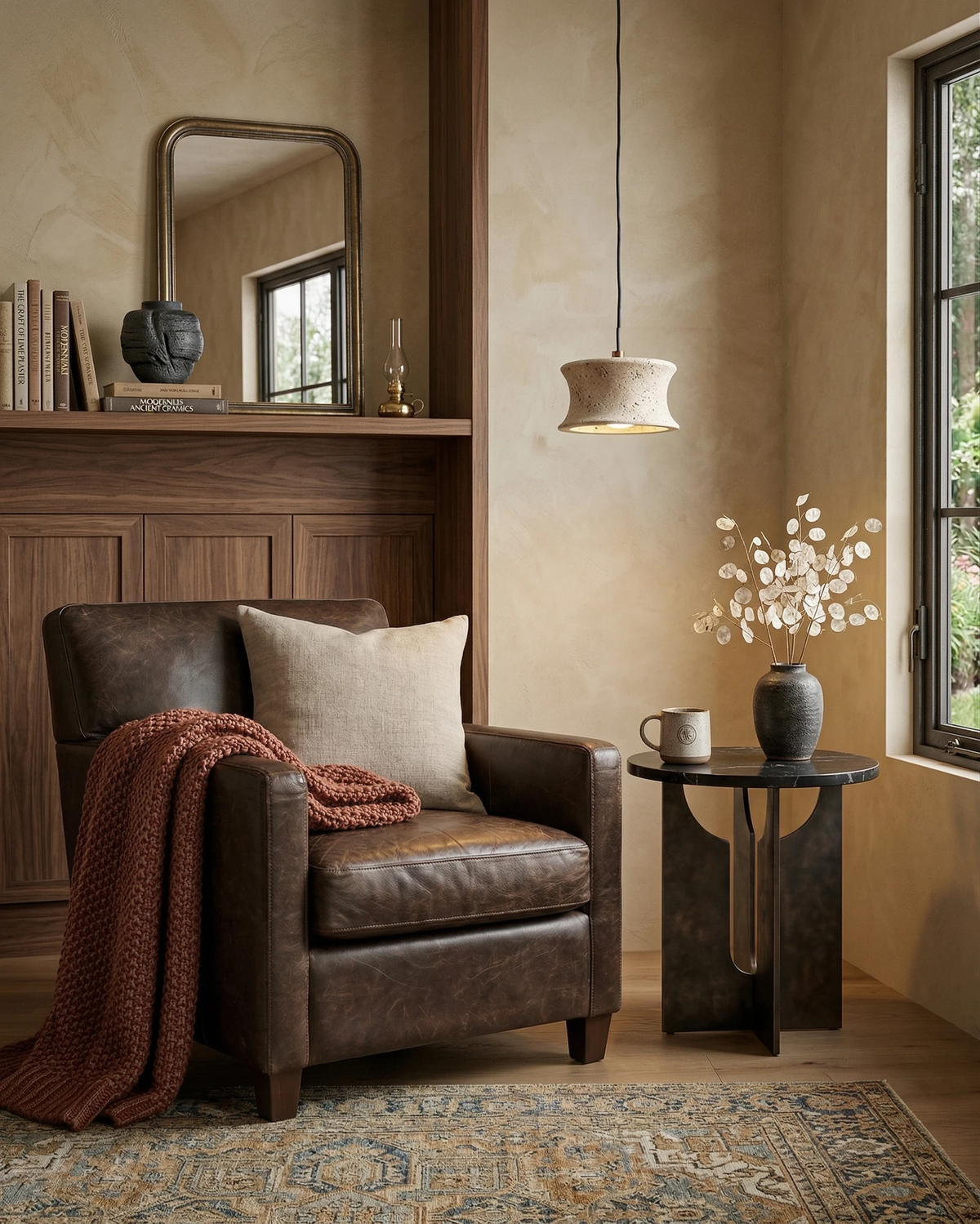 Travertine pendant light CONA No.04 lit above a brown leather armchair and side table in a plaster reading corner