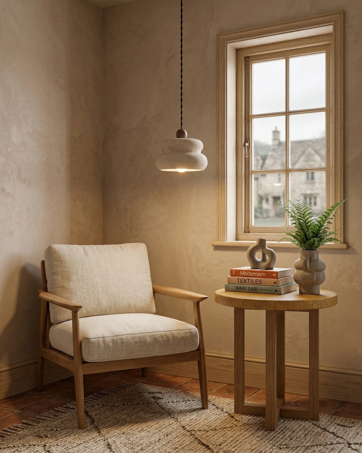 Travertine pendant light SOVA No.05 switched on by a window above an oak armchair and round side table