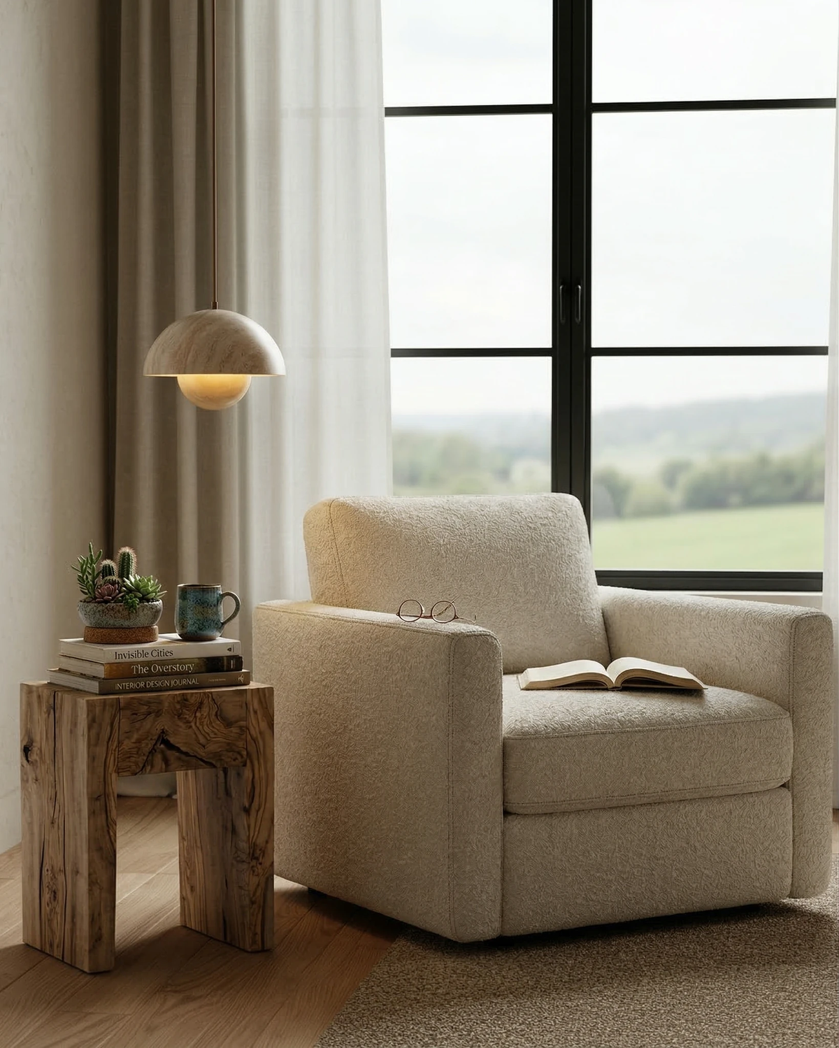 Travertine pendant light SOLE No.01 lit beside a cream armchair and a wood side table by a large window