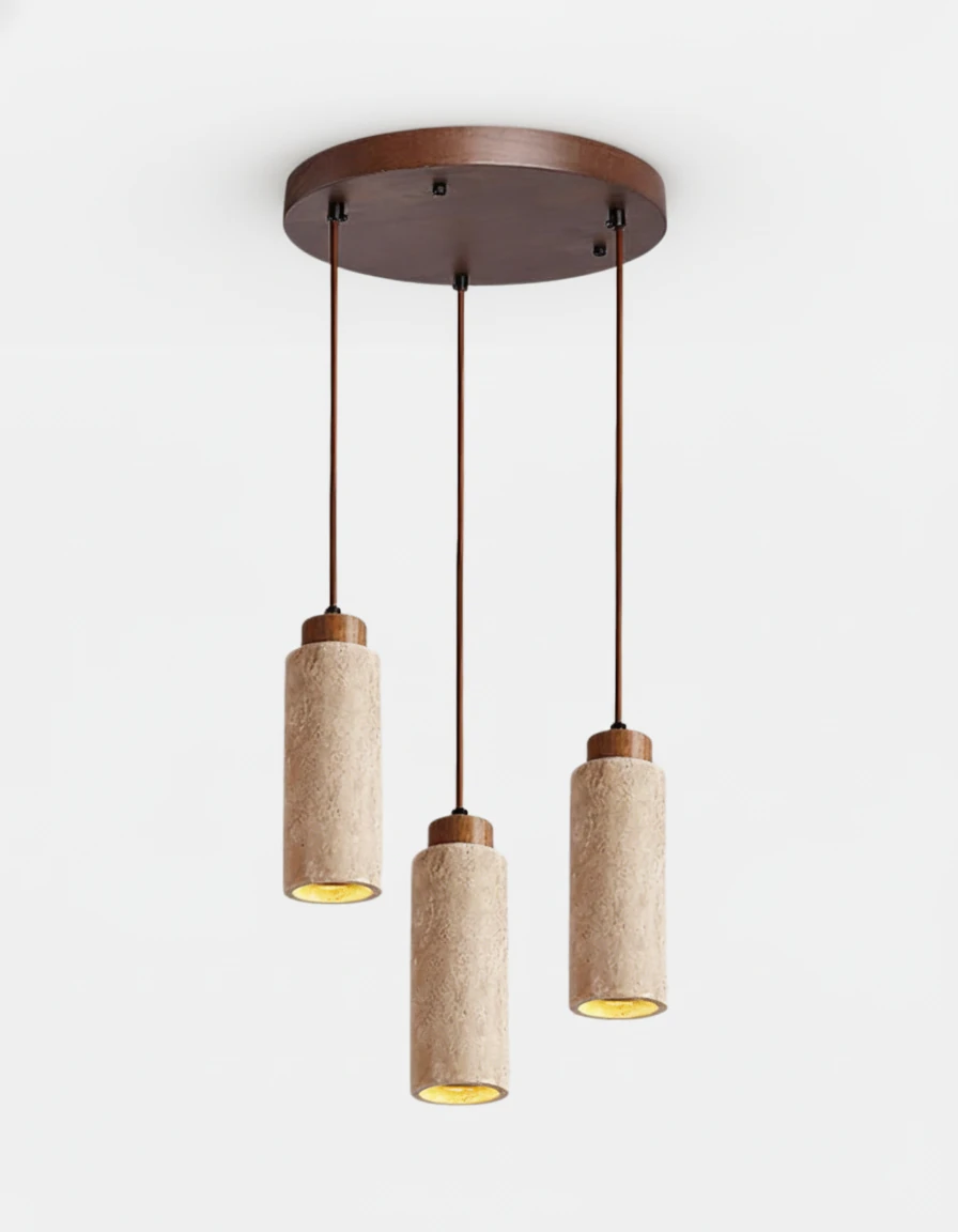 Travertine pendant light CORTO No.03 triple circular in cream, three cylinders on a round walnut canopy, all lit