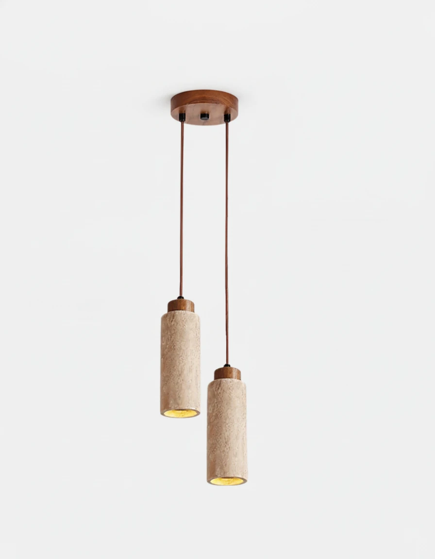 Travertine pendant light CORTO No.03 double in cream, two staggered cylinders on a round walnut canopy, switched on