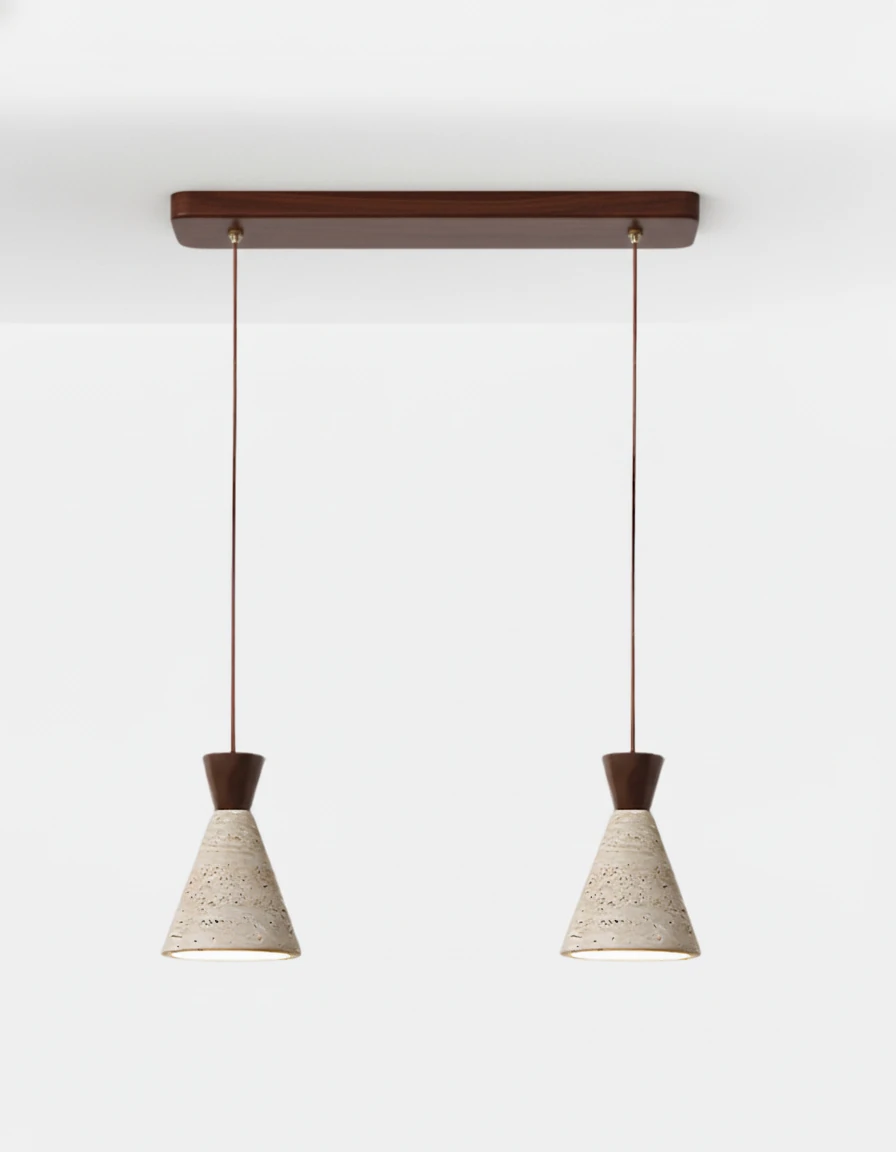 Two travertine pendant lights CONA No.02 Double Linear in Walnut, two cones hung from a dark walnut ceiling bar, unlit
