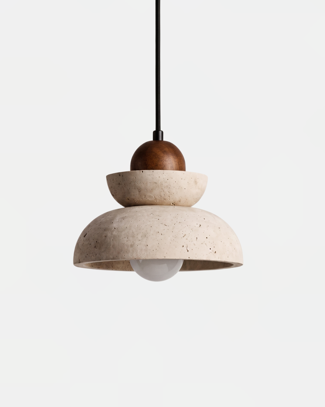 Travertine pendant light DOMUS No.02 in the single size, stacked travertine dome and cup with a walnut sphere, unlit