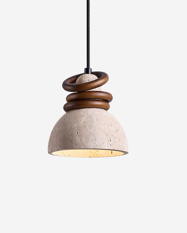 Travertine pendant light DOMUS No.03 single, beige travertine dome with stacked walnut rings on a black cord, unlit