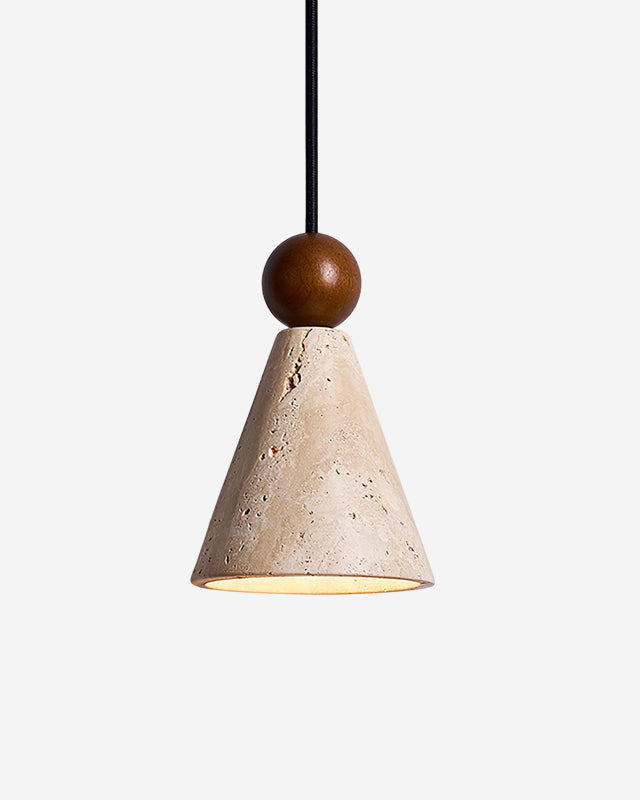 Travertine pendant light PIRA No.01 single, travertine cone under a walnut sphere on a black cord, unlit