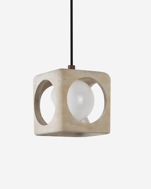 Travertine pendant light CUBA No.02 solo, open cream travertine cube with an opal sphere inside, unlit